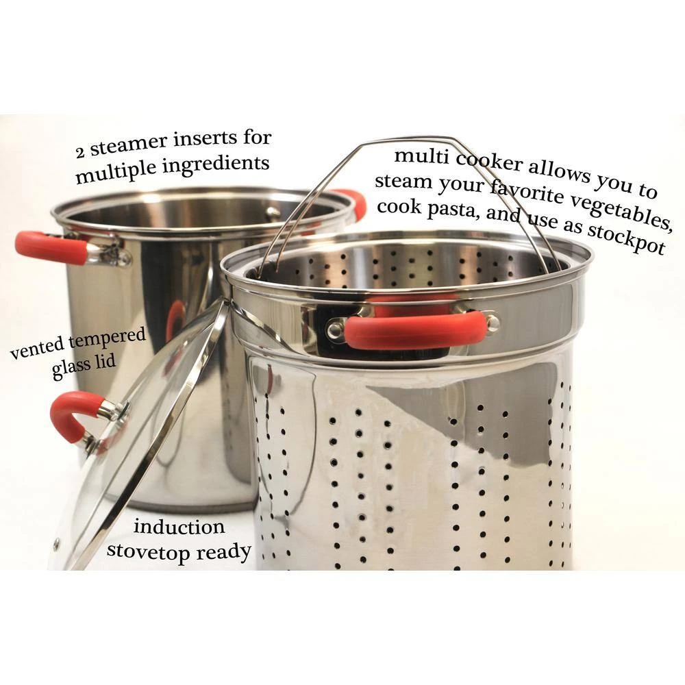 12 Qt. Stainless Steel Multi-Cooker Pasta Pot with Lid and Red Silicone Handles by ExcelSteel - Image 7