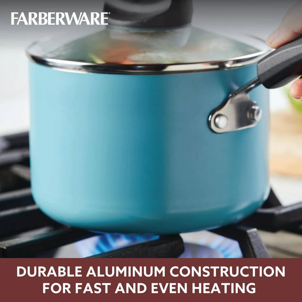 2 qt. Aqua Blue Farberware Smart Control Aluminum Nonstick 2-Saucepan with Lid - Image 6