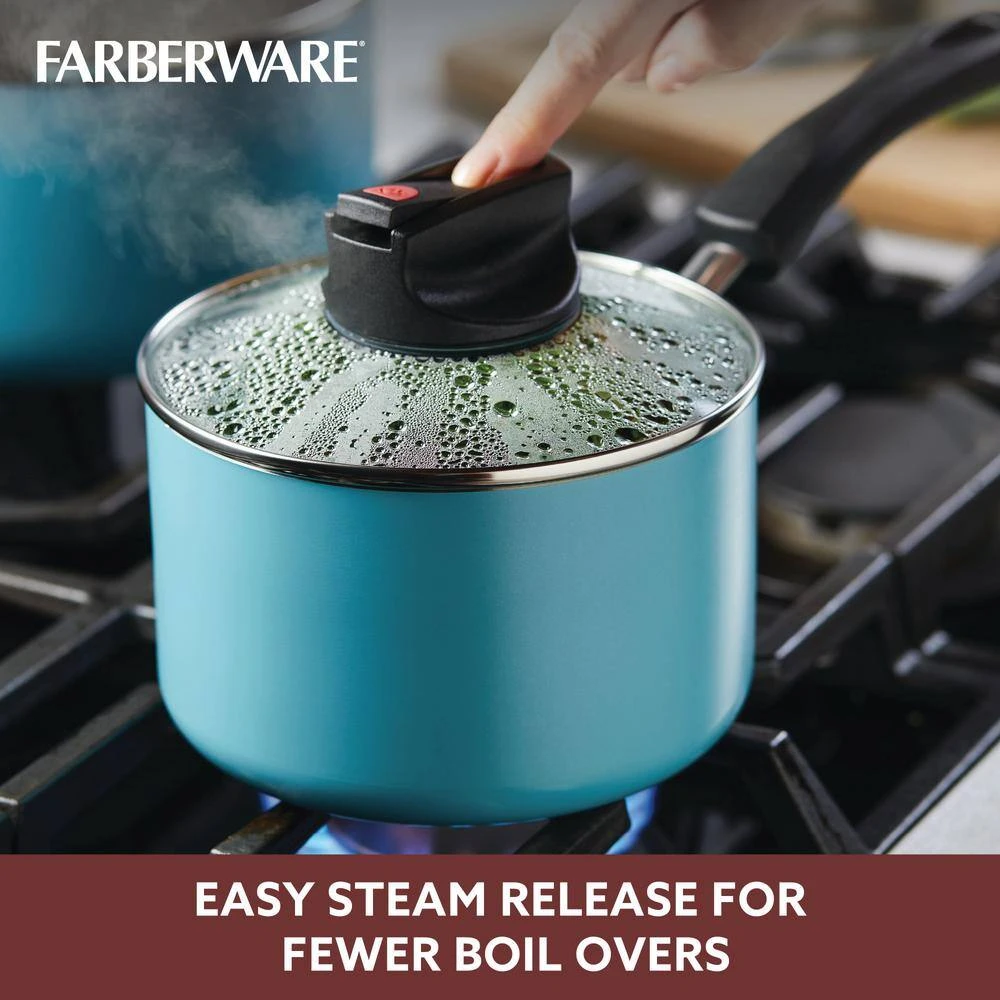 2 qt. Aqua Blue Farberware Smart Control Aluminum Nonstick 2-Saucepan with Lid - Image 5