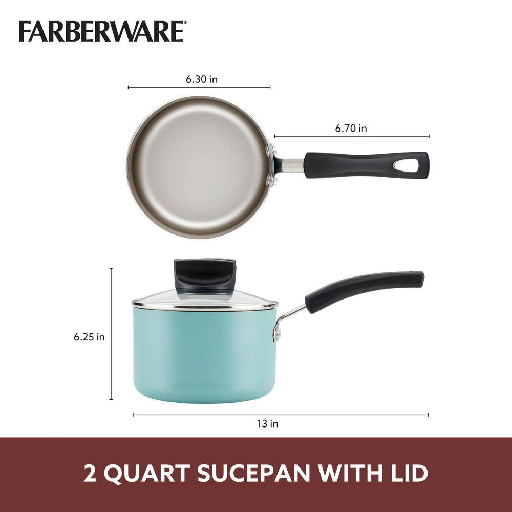 2 qt. Aqua Blue Farberware Smart Control Aluminum Nonstick 2-Saucepan with Lid - Image 4