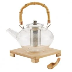 Tea Handblown Glass Zen Teapot with Stainless Steel Infuser and Bamboo Trivet, 34-Ounce by BonJour
