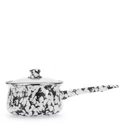 Black Swirl 1.25 qt. Porcelain-Coated Steel Sauce Pan in Sea Glass with Glass Lid by Golden Rabbit