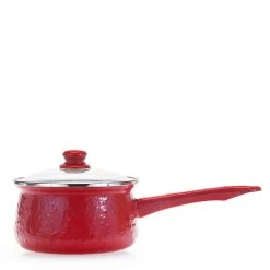 Solid Red 1.25 qt. Porcelain-Coated Steel Sauce Pan in Sea Glass with Glass Lid by Golden Rabbit