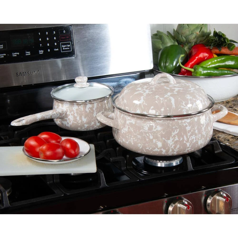 Taupe Swirl 1.25 qt. Porcelain-Coated Steel Sauce Pan in Sea Glass with Glass Lid by Golden Rabbit - Image 3