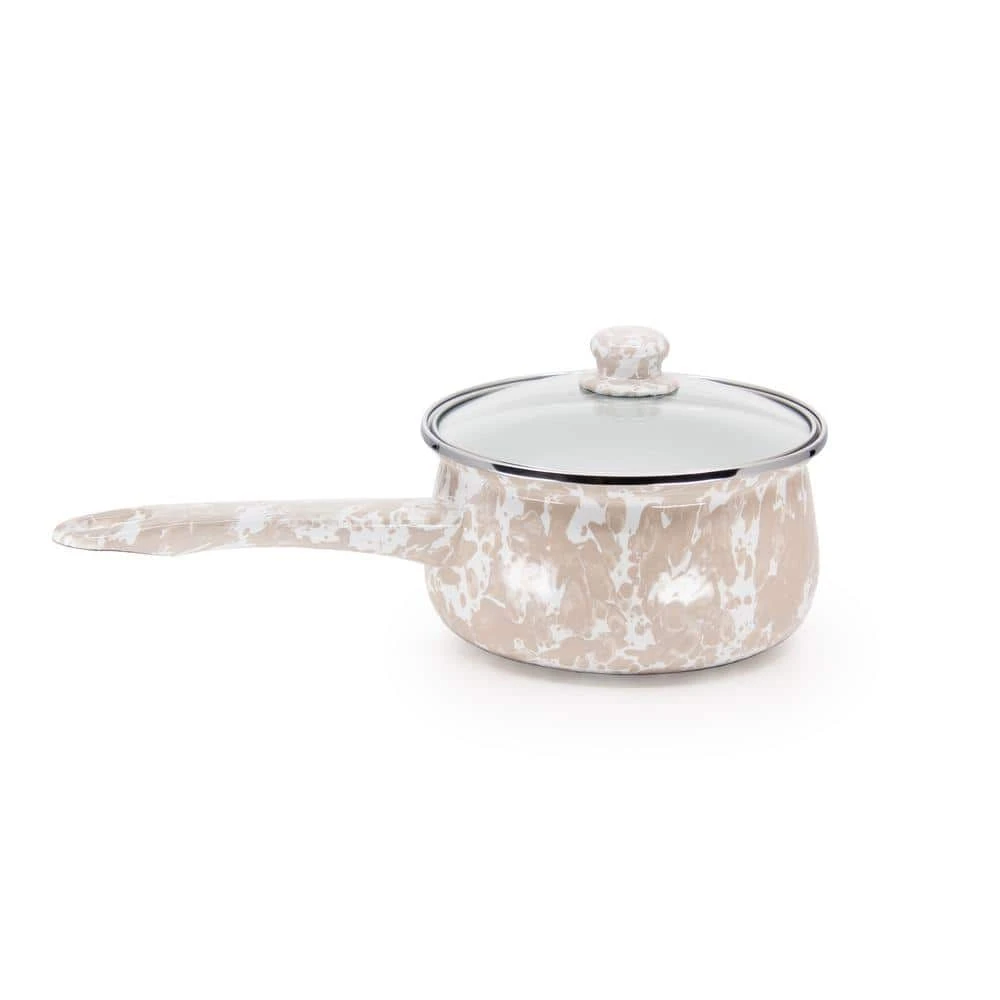 Taupe Swirl 1.25 qt. Porcelain-Coated Steel Sauce Pan in Sea Glass with Glass Lid by Golden Rabbit