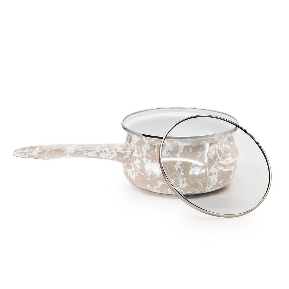 Taupe Swirl 1.25 qt. Porcelain-Coated Steel Sauce Pan in Sea Glass with Glass Lid by Golden Rabbit - Image 2