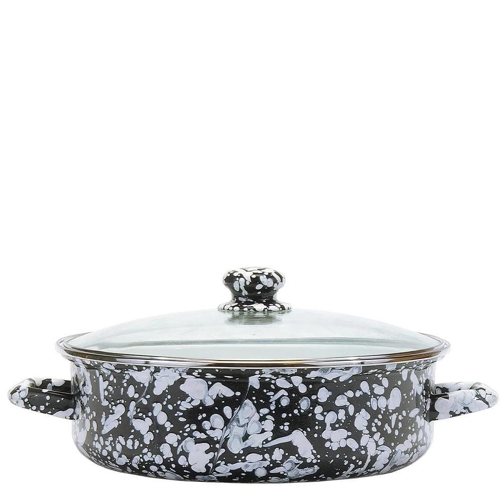 Black Swirl 3 qt. Enamelware Saute Pan with Glass Lid by Golden Rabbit