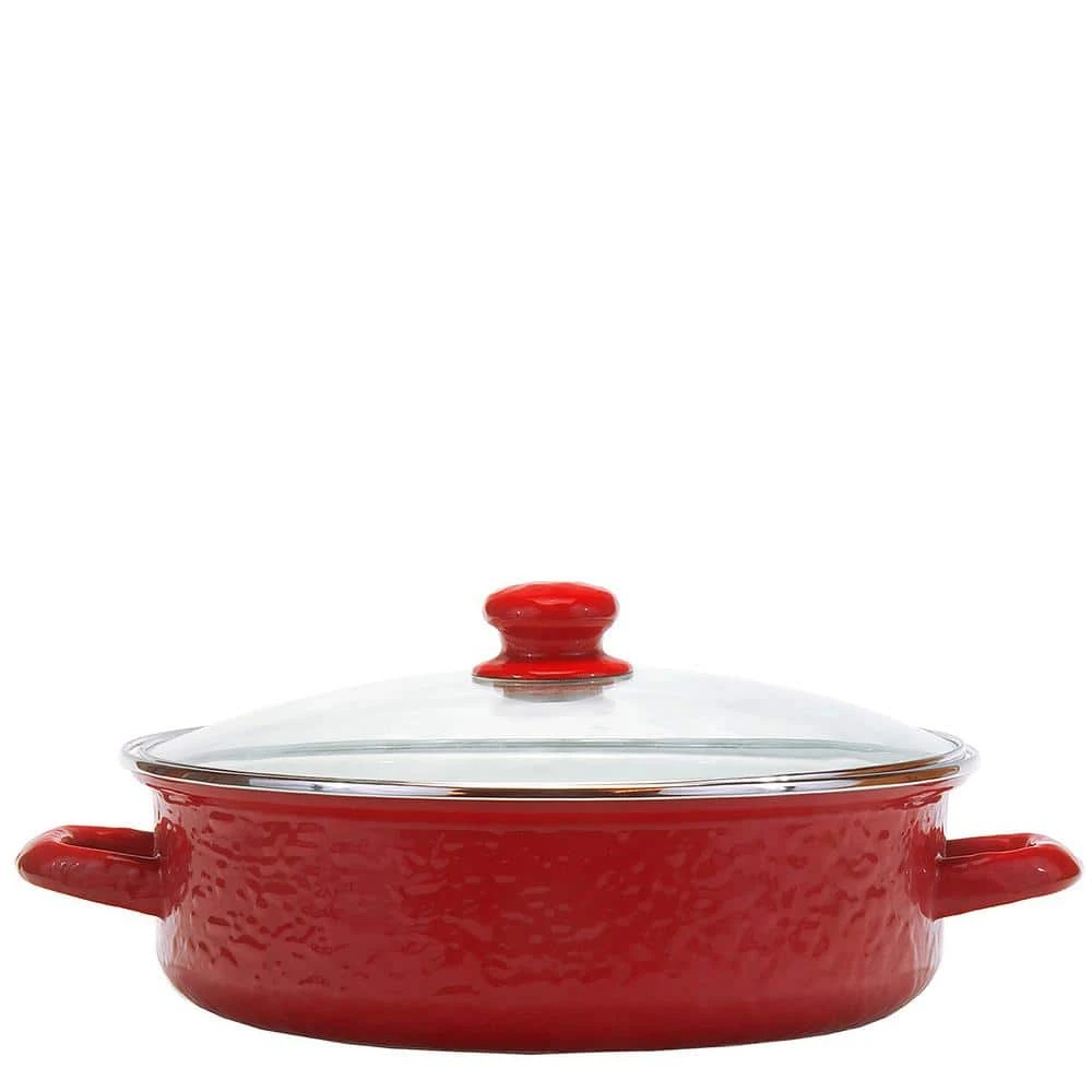 Solid Red 3 qt. Enamelware Saute Pan with Glass Lid by Golden Rabbit