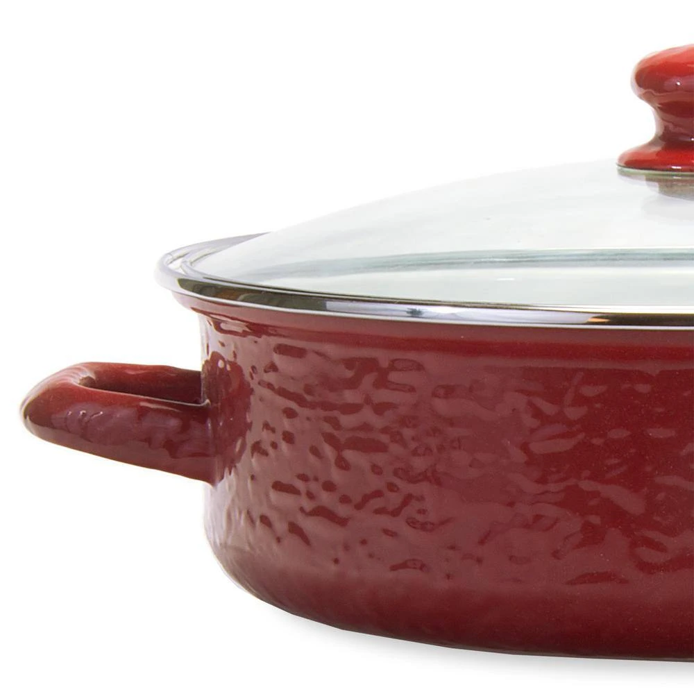 Solid Red 3 qt. Enamelware Saute Pan with Glass Lid by Golden Rabbit - Image 2
