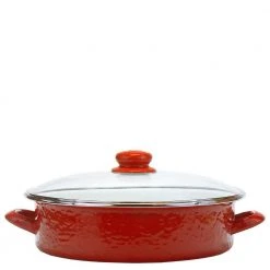 Solid Red 5 qt. Enamelware Saute Pan with Glass Lid by Golden Rabbit