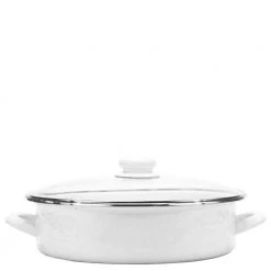 Enamelware 5 qt. Porcelain-Coated Steel Saute Pan in Solid White with Glass Lid by Golden Rabbit