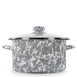 Enamelware 6 qt. Porcelain-Coated Steel Stock Pot in Grey Swirl with Glass Lid by Golden Rabbit