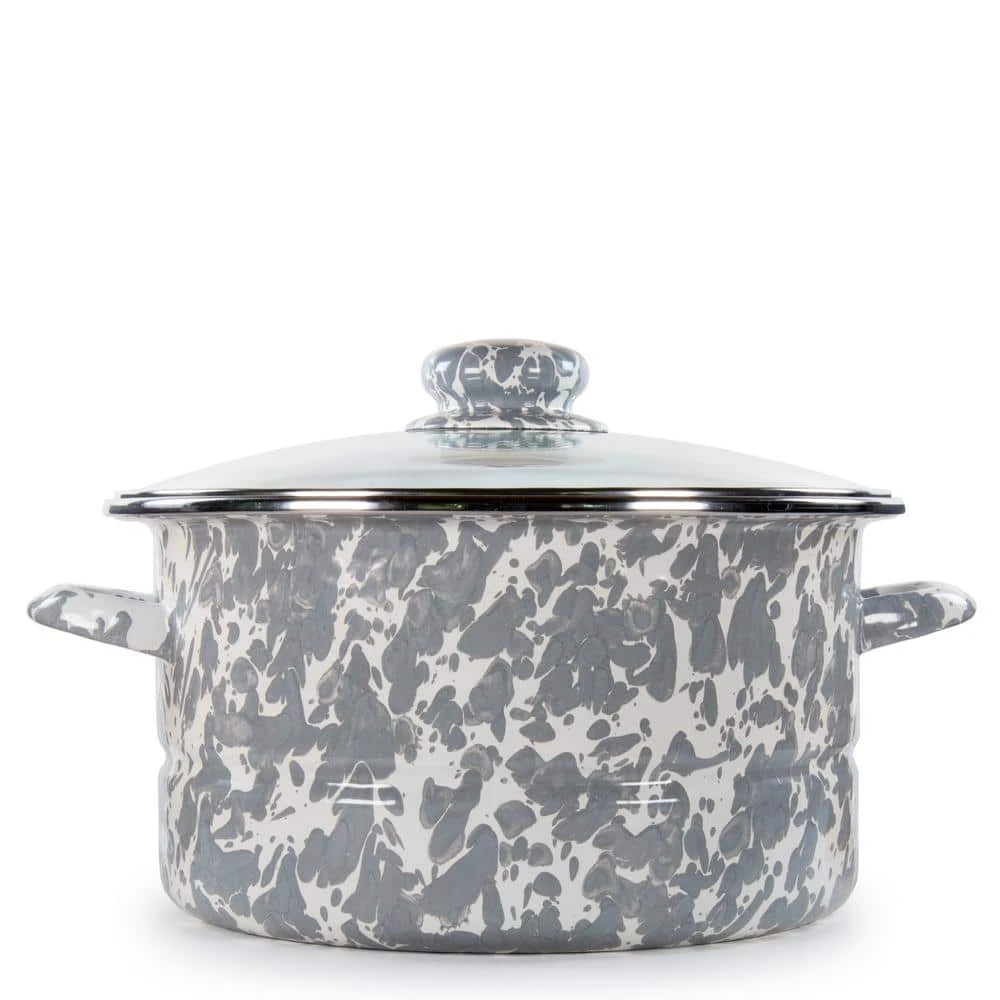 Enamelware 6 qt. Porcelain-Coated Steel Stock Pot in Grey Swirl with Glass Lid by Golden Rabbit