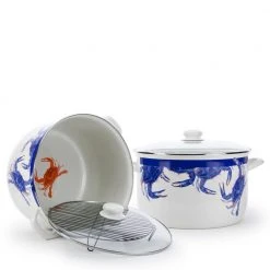 Blue Crab 18 qt. Porcelain-Coated Steel Stock Pot in Blue with Glass Lid by Golden Rabbit