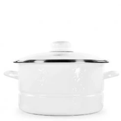 Enamelware 6 qt. Porcelain-Coated Steel Stock Pot in Solid White with Glass Lid by Golden Rabbit