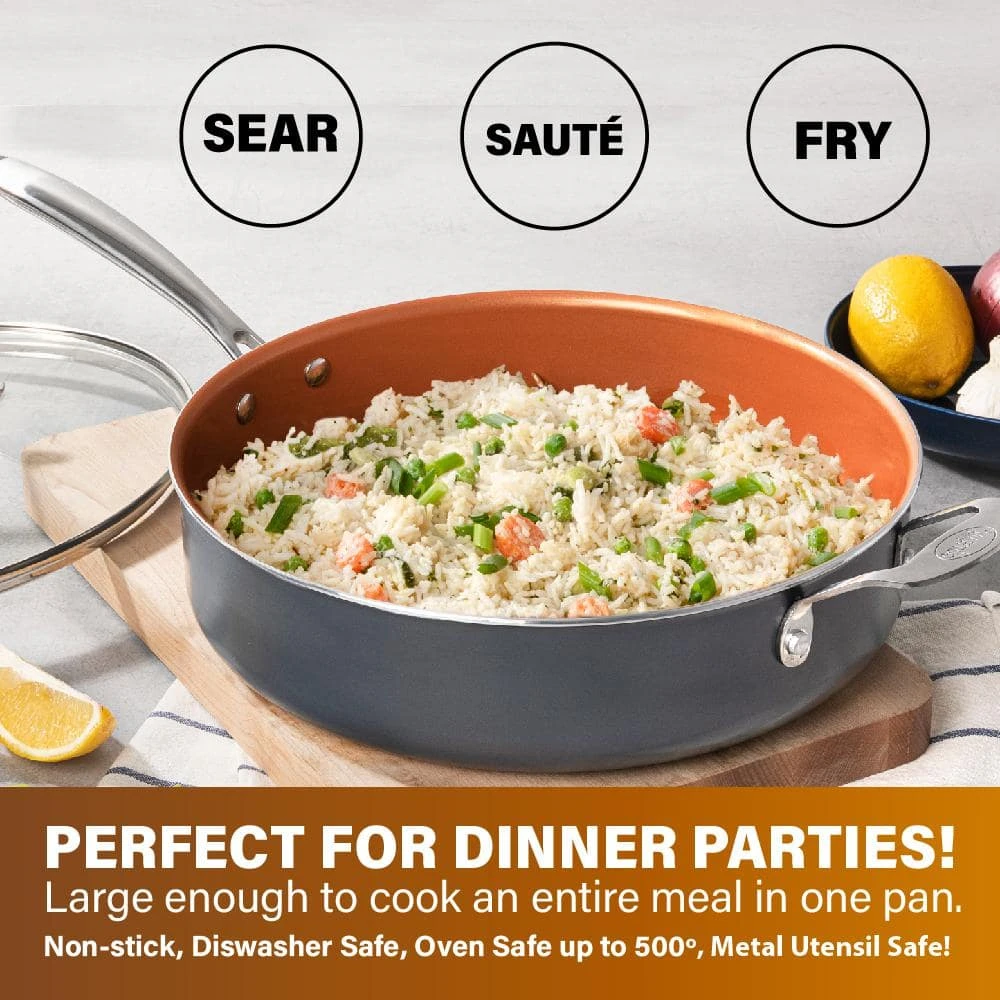 Professional 5.5 qt. Aluminum Ti-Ceramic Non-Stick Deep Saute Pan with Glass Lid and Helper Handle by Gotham Steel - Image 7