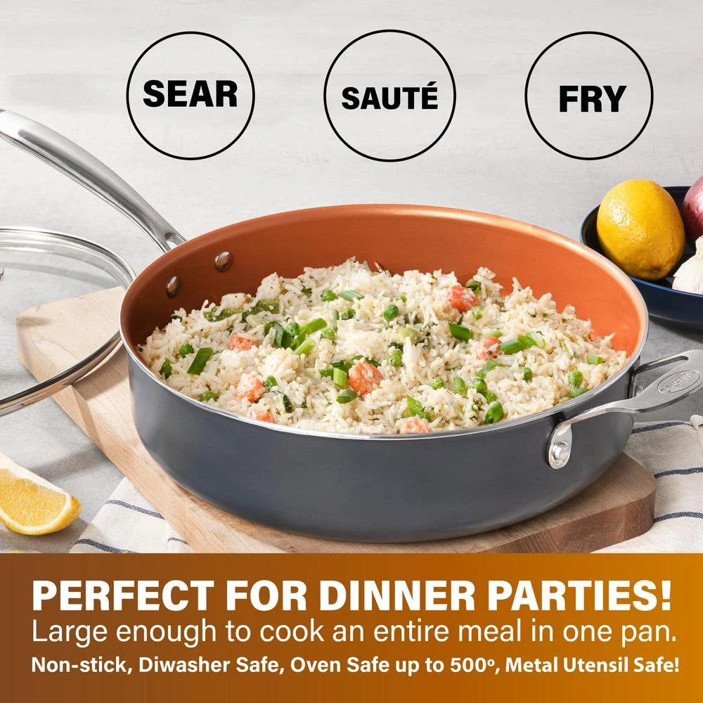 Professional 5.5 qt. Aluminum Ti-Ceramic Non-Stick Deep Saute Pan with Glass Lid and Helper Handle by Gotham Steel - Image 6