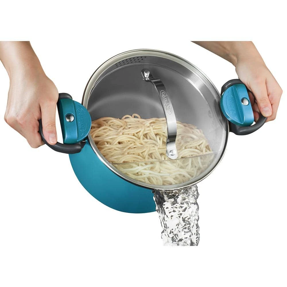 Aqua Blue 5 qt. Non-Stick Aluminum Ti-Ceramic Pasta Pot with Built-In Strainer and Twist N' Lock Handles by Gotham Steel