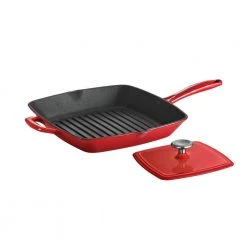 Gourmet 11.5 in. Enameled Cast Iron Grill Pan in Gradated Red with Bacon Press by Tramontina