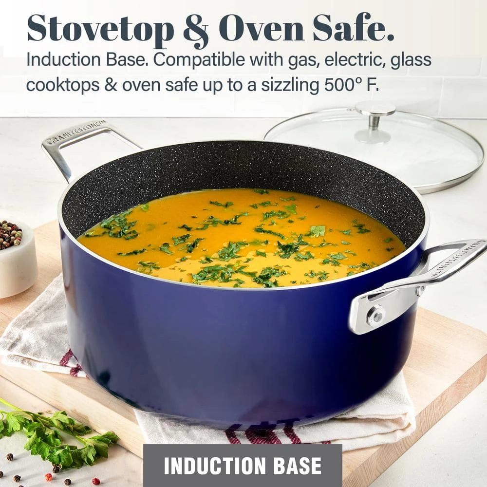 5 qt. Round Navy Aluminum Nonstick Ultra-Durable Mineral and Diamond Coating Gradient Brasier Stock Pot with Lid by GRANITESTONE - Image 3