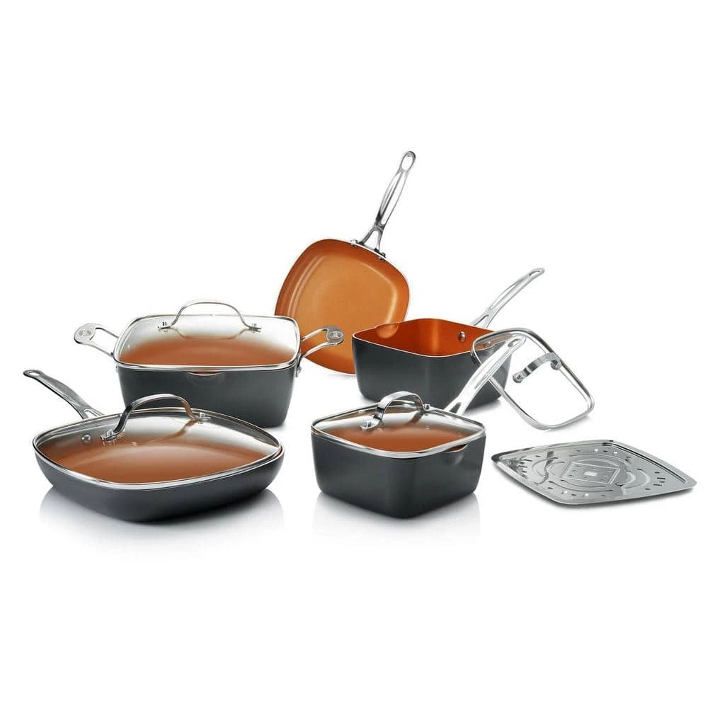 10-Piece Aluminum Ti-Ceramic Nonstick Square Cookware Set with Lids in Graphite by Gotham Steel