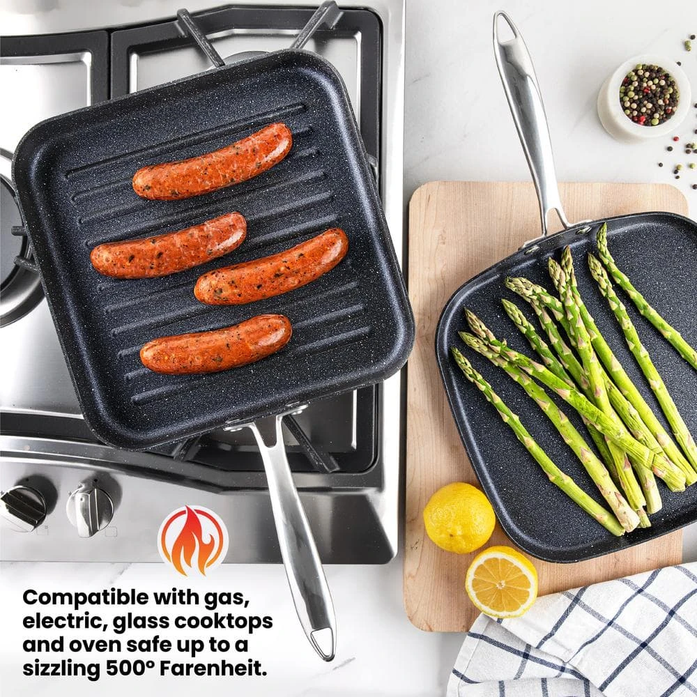 Professional 2-Piece 10.5 in. Hard-Anodized Aluminum Ultimate Nonstick Diamond Infused Grill and Griddle Pans Set by Granite Stone Diamond - Image 4