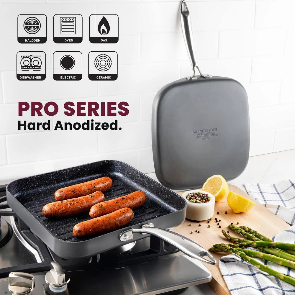 Professional 2-Piece 10.5 in. Hard-Anodized Aluminum Ultimate Nonstick Diamond Infused Grill and Griddle Pans Set by Granite Stone Diamond - Image 5