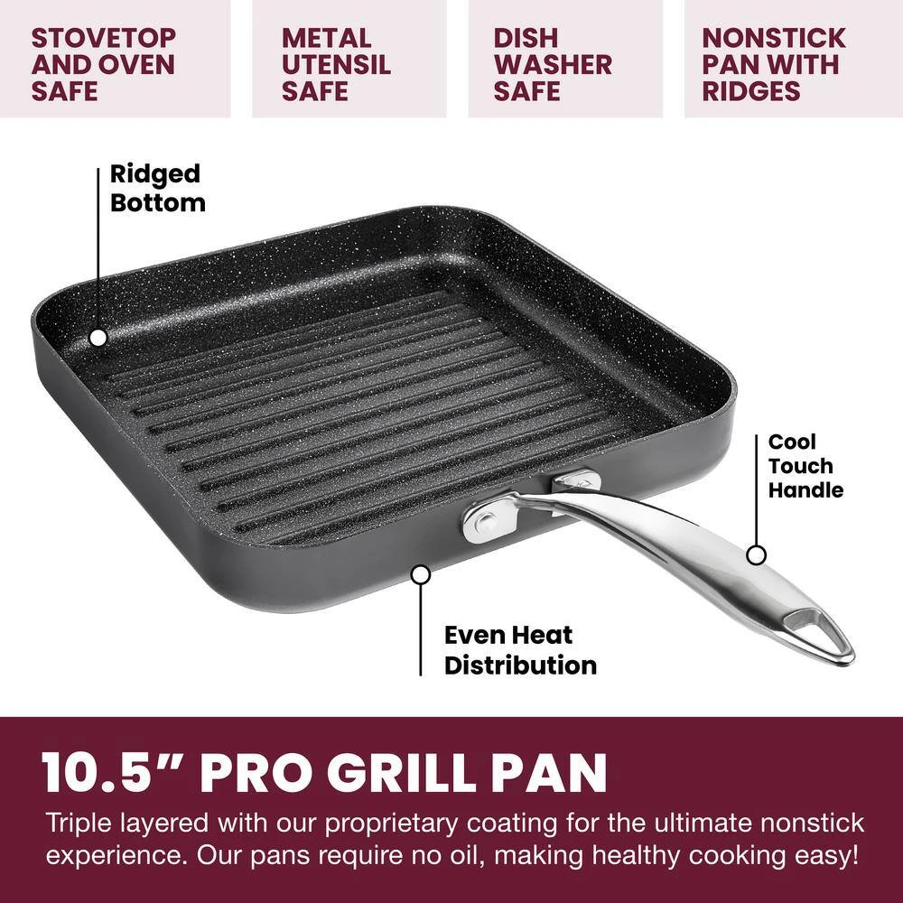 Professional 2-Piece 10.5 in. Hard-Anodized Aluminum Ultimate Nonstick Diamond Infused Grill and Griddle Pans Set by Granite Stone Diamond - Image 3