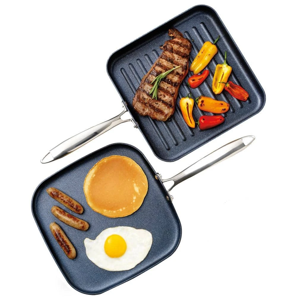 Professional 2-Piece 10.5 in. Hard-Anodized Aluminum Ultimate Nonstick Diamond Infused Grill and Griddle Pans Set by Granite Stone Diamond