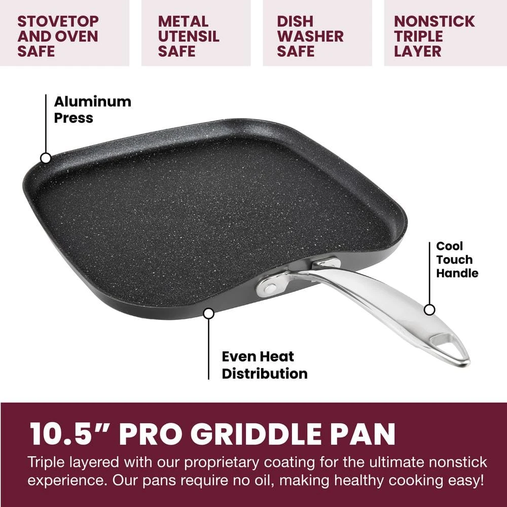 Professional 2-Piece 10.5 in. Hard-Anodized Aluminum Ultimate Nonstick Diamond Infused Grill and Griddle Pans Set by Granite Stone Diamond - Image 2