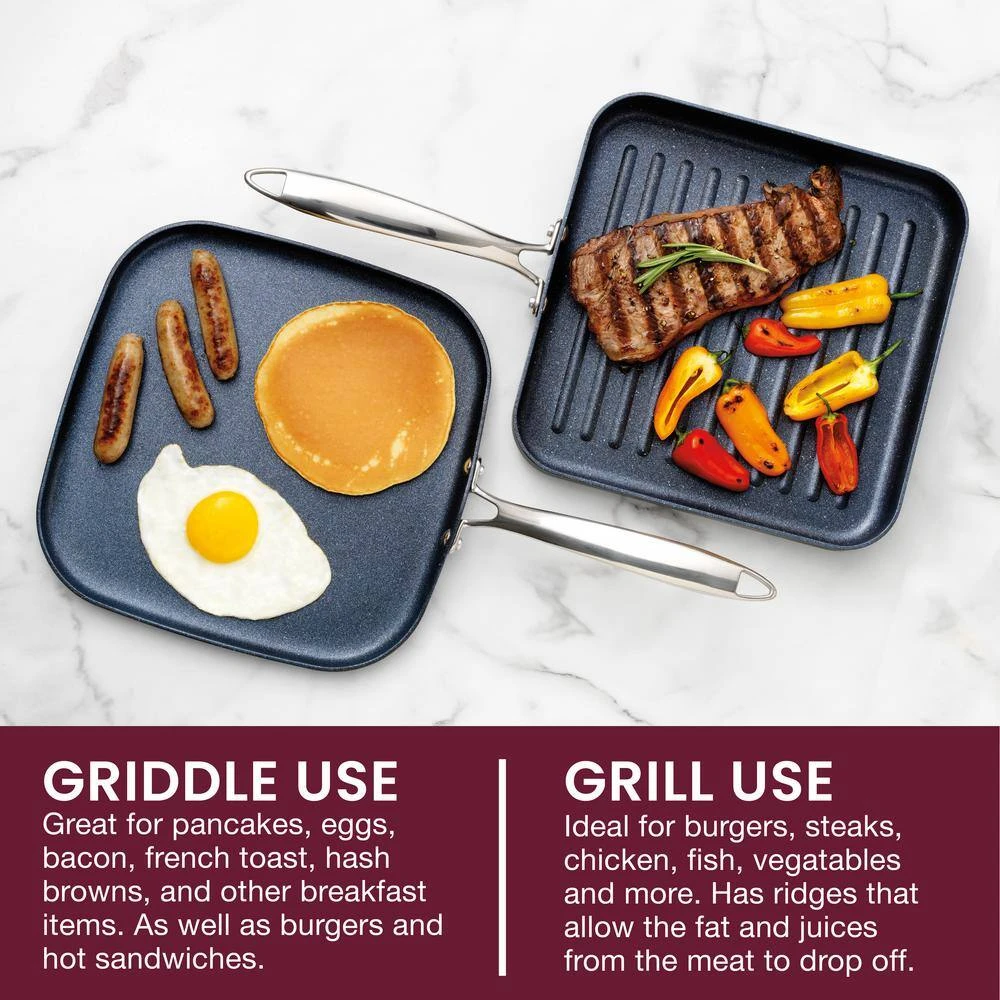 Professional 2-Piece 10.5 in. Hard-Anodized Aluminum Ultimate Nonstick Diamond Infused Grill and Griddle Pans Set by Granite Stone Diamond - Image 6
