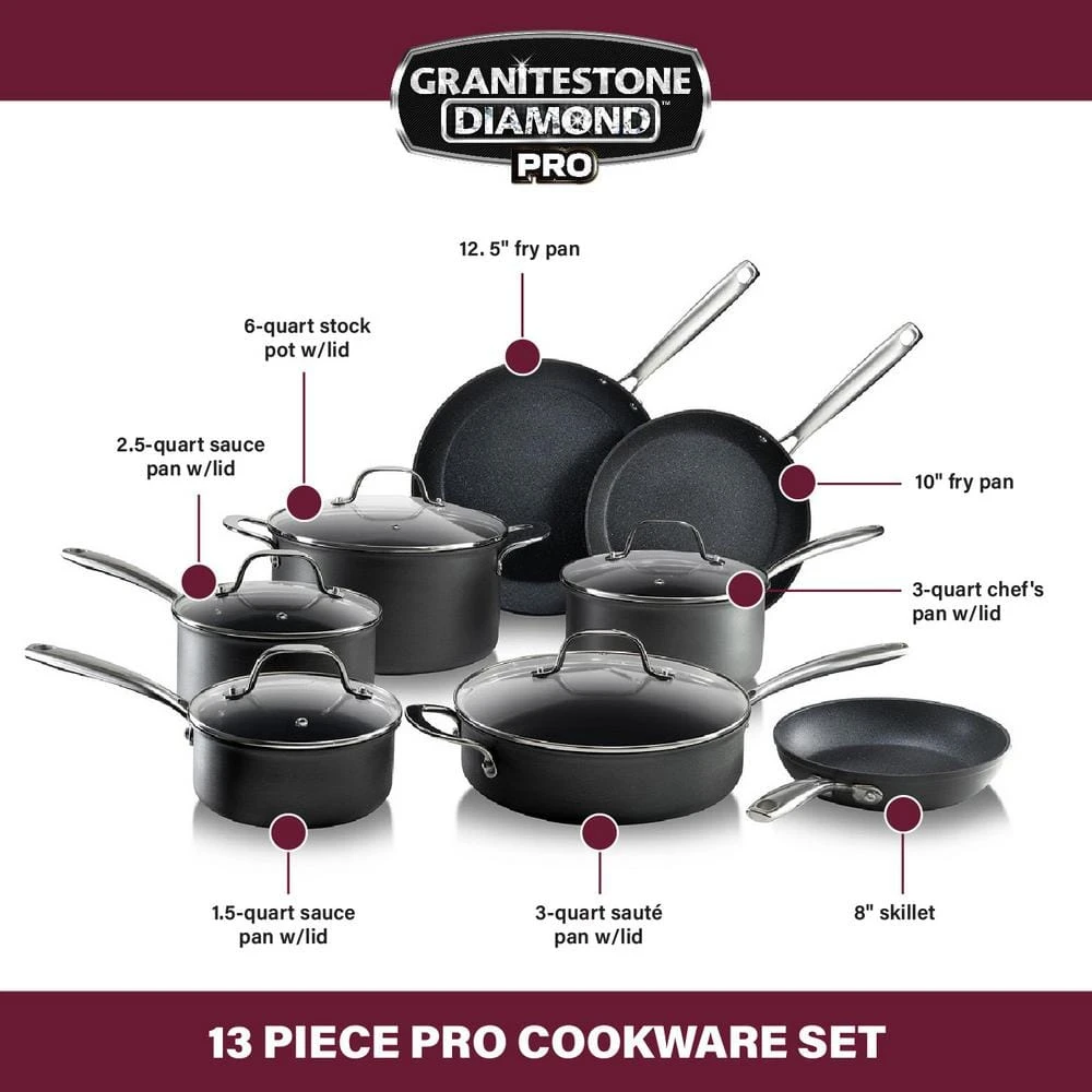 Professional 13-Piece Aluminum Hard Anodized Diamond and Mineral Coating Nonstick Premium Cookware Set by GRANITESTONE - Image 3