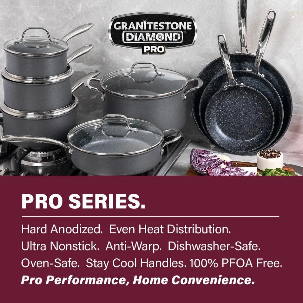 Professional 13-Piece Aluminum Hard Anodized Diamond and Mineral Coating Nonstick Premium Cookware Set by GRANITESTONE - Image 4