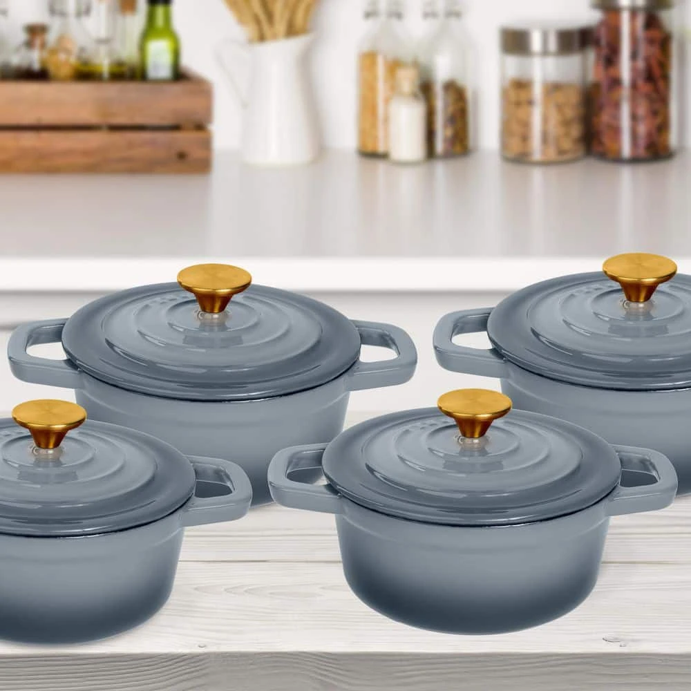 0.25 qt. Round Cast Iron Enameled Gray Mini Cocotte with Lid (Set of 4) by LEXI HOME - Image 3
