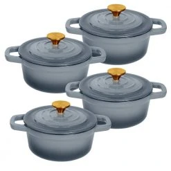 0.25 qt. Round Cast Iron Enameled Gray Mini Cocotte with Lid (Set of 4) by LEXI HOME