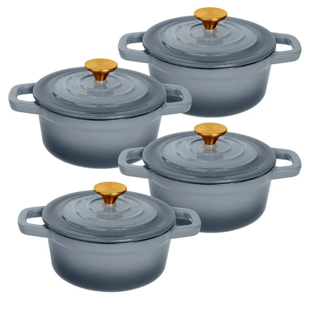 0.25 qt. Round Cast Iron Enameled Gray Mini Cocotte with Lid (Set of 4) by LEXI HOME