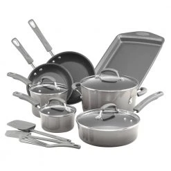 Classic Brights 14-Piece Gray Porcelain Nonstick Cookware Set with Bakeware and Tools by Rachael Ray