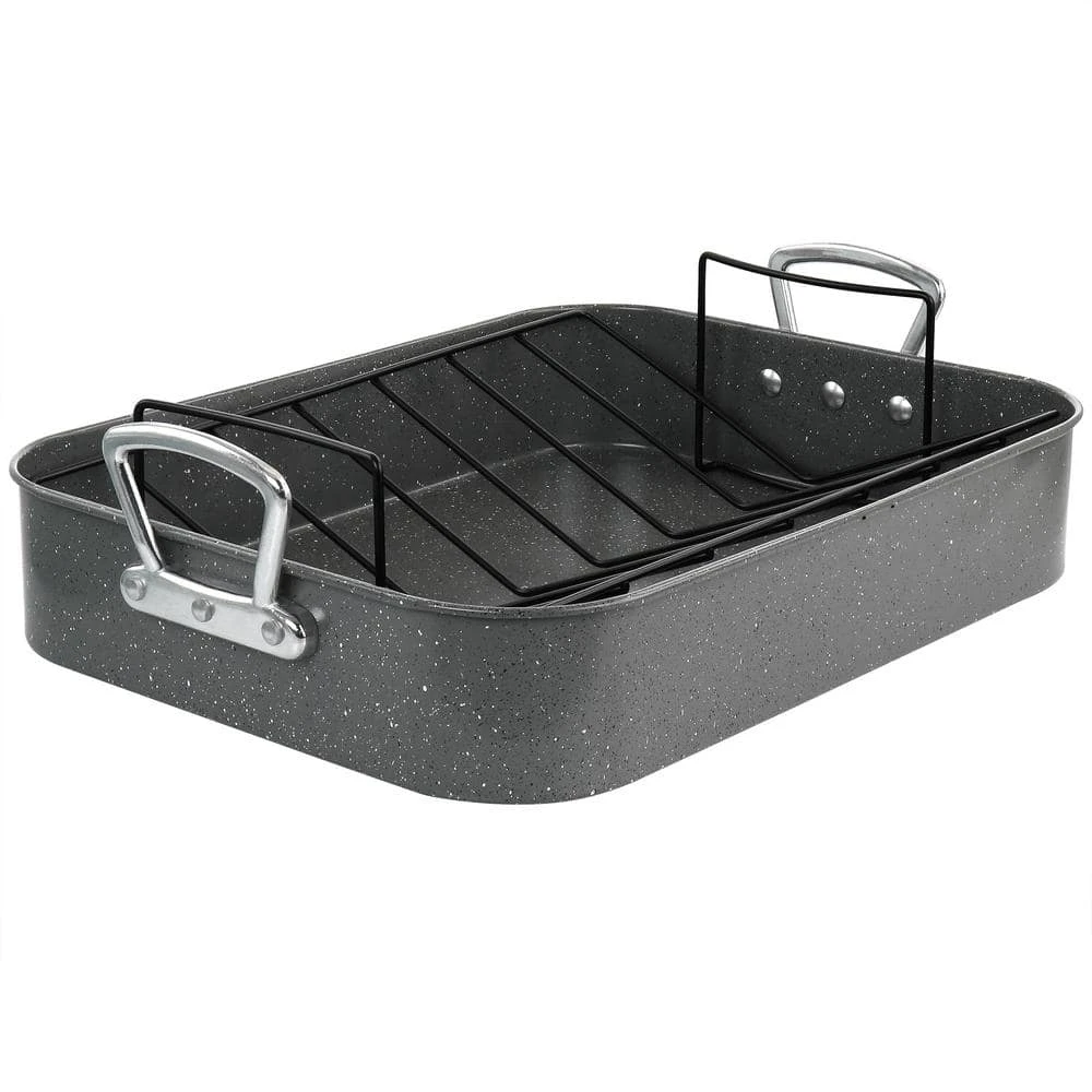 Greystone 12 qt. Speckled Grey Carbon Steel Turkey Roasting Pan Set with Rack by Gibson