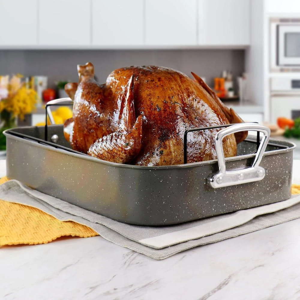 Greystone 12 qt. Speckled Grey Carbon Steel Turkey Roasting Pan Set with Rack by Gibson - Image 7