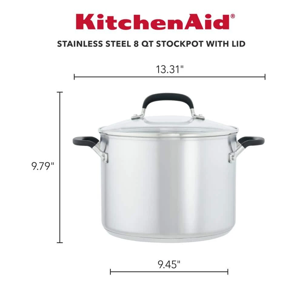 Stainless Steel, 8 qt. Stainless Steel Stock Pot in Silver with Lid by KitchenAid - Image 3
