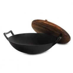 14 in. Heavy Duty Cast Iron Wok with Wood Lid by MegaChef