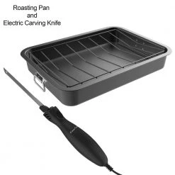 5.3 qt. Carbon Steel Non-Stick Roasting Pan with Removable Wire Rack and 8 in. Electric Carving Knife by Classic Cuisine