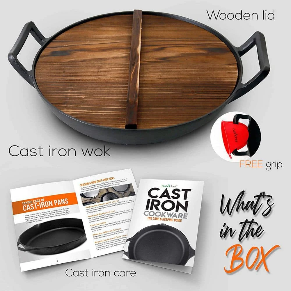 Pre Seasoned Cooking Wok Cast Iron Stir Fry Pan w/Wooden Lid (2 Pack) by NutriChef - Image 7