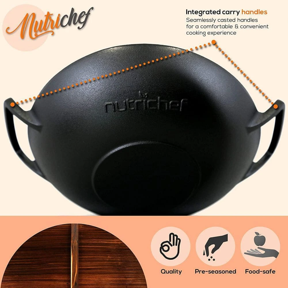 Pre Seasoned Cooking Wok Cast Iron Stir Fry Pan w/Wooden Lid (2 Pack) by NutriChef - Image 5