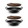 Pre Seasoned Cooking Wok Cast Iron Stir Fry Pan w/Wooden Lid (2 Pack) by NutriChef