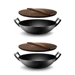 Pre Seasoned Cooking Wok Cast Iron Stir Fry Pan w/Wooden Lid (2 Pack) by NutriChef
