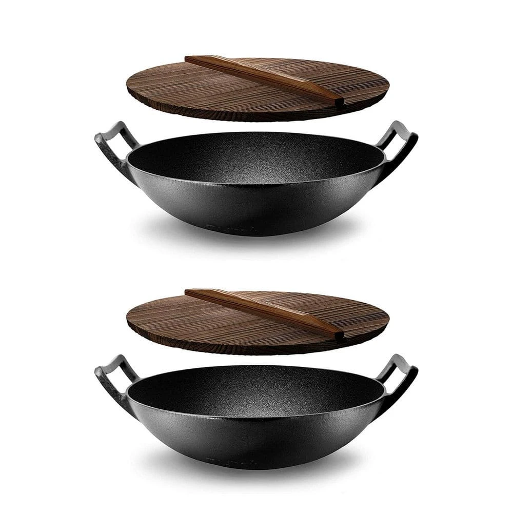 Pre Seasoned Cooking Wok Cast Iron Stir Fry Pan w/Wooden Lid (2 Pack) by NutriChef