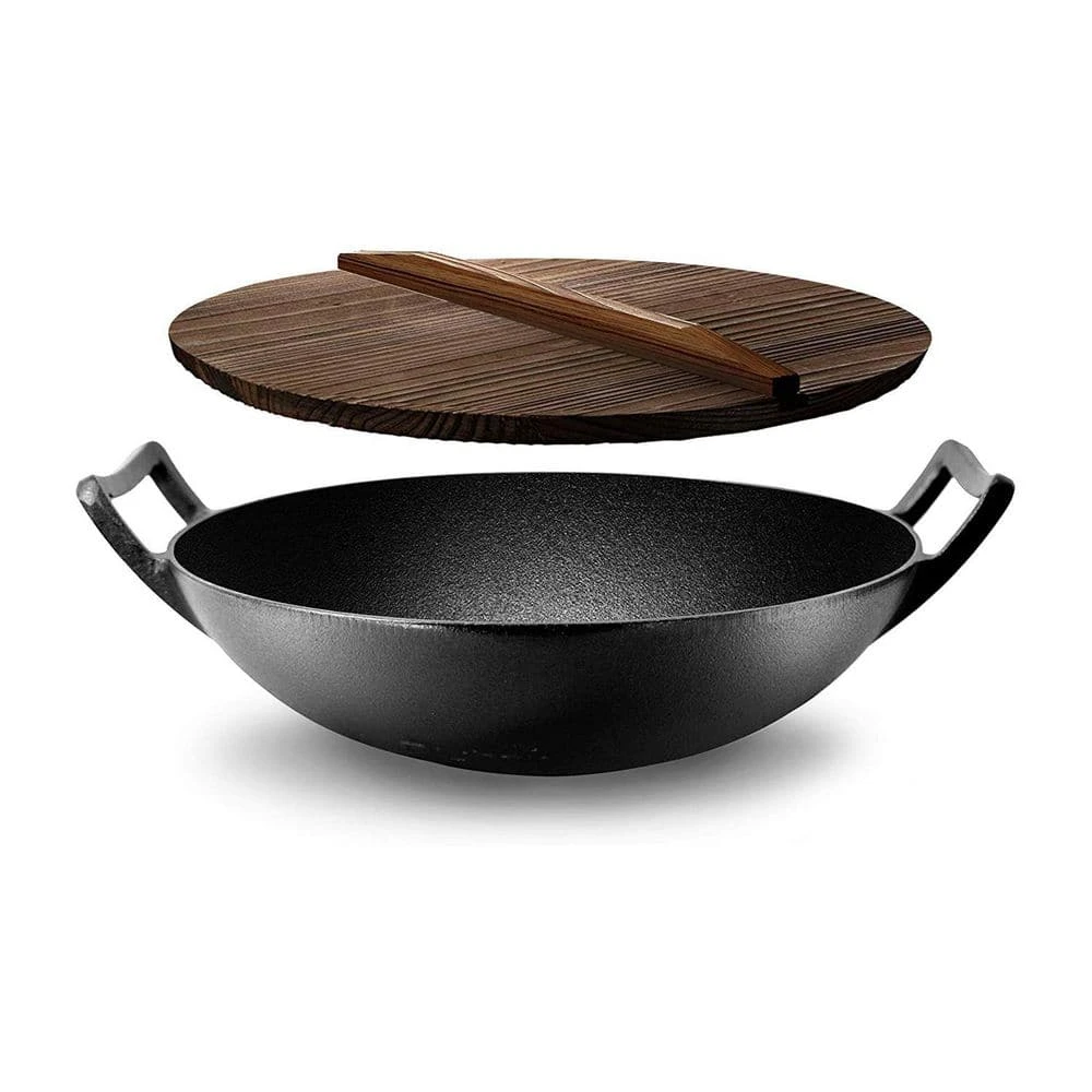 Pre Seasoned Cooking Wok Cast Iron Stir Fry Pan w/Wooden Lid (2 Pack) by NutriChef - Image 2