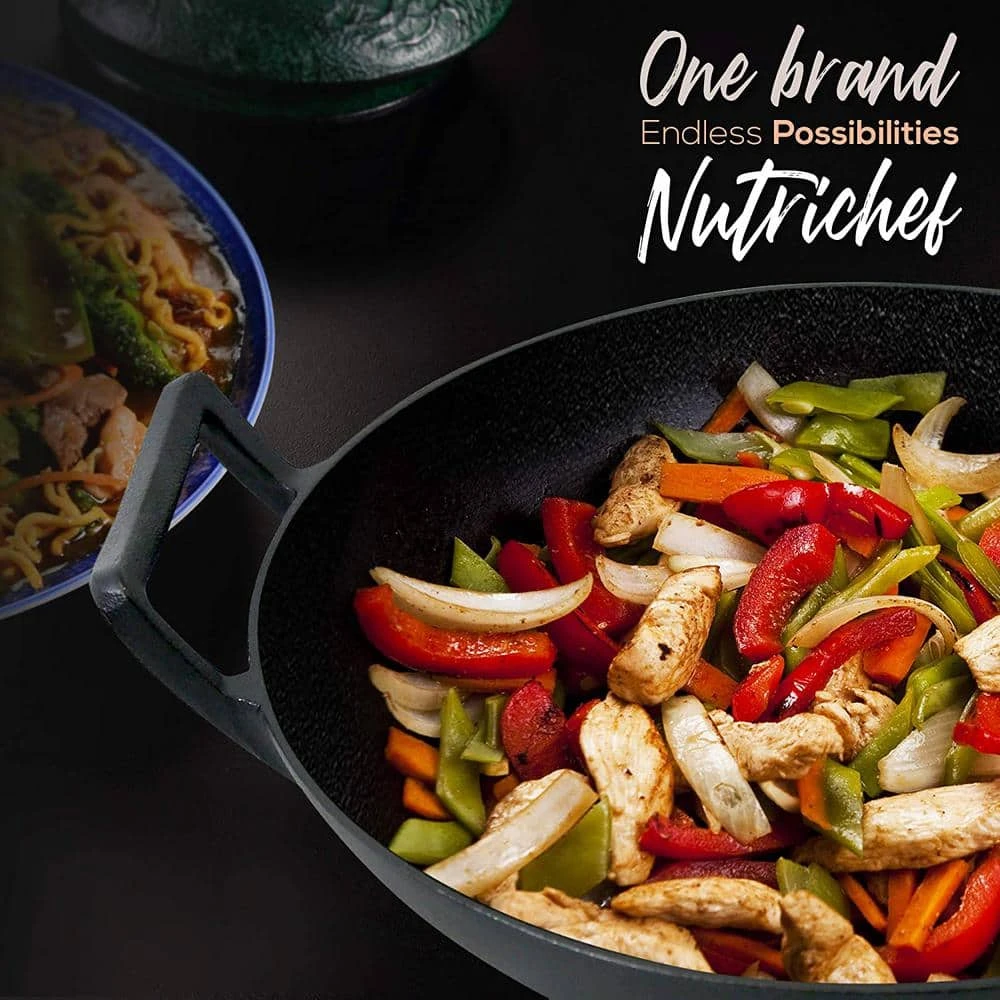 Pre Seasoned 18 in. Wok Cast Iron Stir Fry Pan w/Reversible Grill Plate Pan by NutriChef - Image 10
