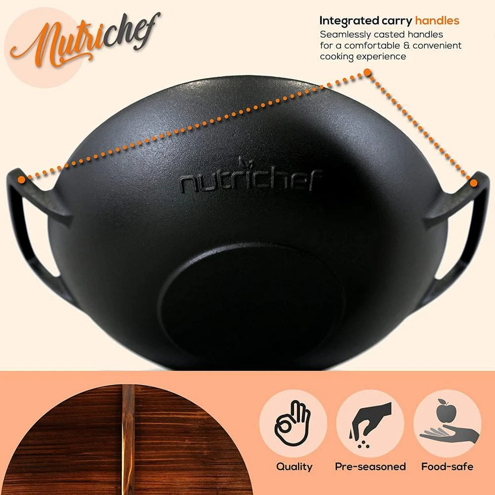 Pre Seasoned 18 in. Wok Cast Iron Stir Fry Pan w/Reversible Grill Plate Pan by NutriChef - Image 7